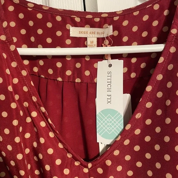 Skies Are Blue medium burgundy with polka dots womens bouse - Picture 3 of 5